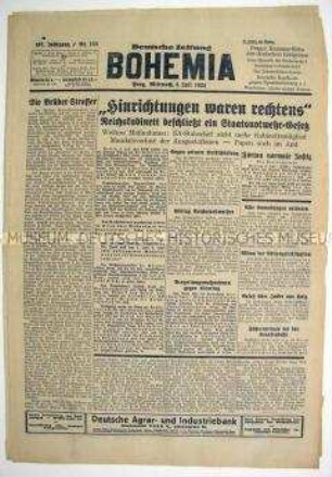 Tageszeitung für die deutsche Bevölkerung in der Tschechoslowakei "Bohemia" u.a. zur "Röhm-Affäre"