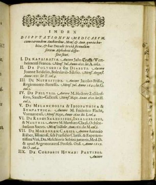 Index Disputationum Medicarum.