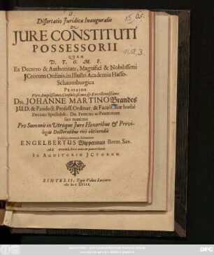 Dissertatio Iuridica Inauguralis De Iure Constituti Possessorii