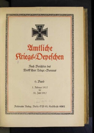 6.1917: Amtliche Kriegs-Depeschen