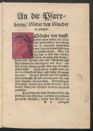 An die Pfarrherrn/ Wider den Wucher zu predigen.