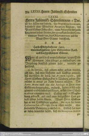 LXXXI. Herrn Jablonski Schreiben vom 1 Dec. an den Herrn von Leibnitz, das Negotium Irenieum, ...