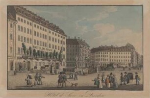 Ansicht des Hotel de Saxe am Neumarkt zu Dresden, aquarellirte Umrissradierung, um 1820 : Hotel de Saxe zu Dresden. - [S.l.] , [um 1820]. - 1 Kunstbl. : aquarellirte Umrissradierung ; 15 x 10 cm