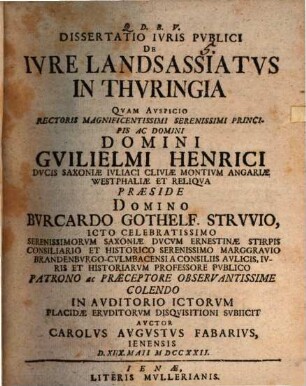 Dissertatio Ivris Pvblici De Ivre Landsassiatvs In Thvringia
