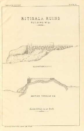Plate K. Ritigala ruins. Building No. 31. Elevation (north). Section through A. B.
