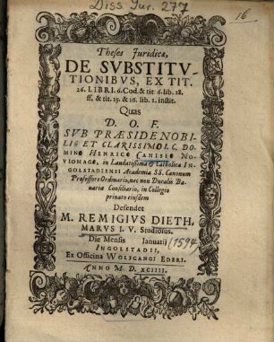 Theses Juridicae De Svbstitvtionibvs : Ex Tit. 26. Libri. 6. Cod. & tit. 6. lib. 28. ff. & tit. 15. & 16. lib. 2. instit.