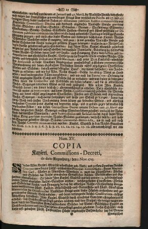 Num. XV. Kayserl. Commissions-Decreti, de dato Regenspurg/ den 5. Nov. 1715.