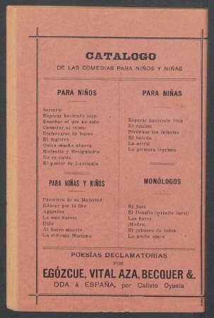 Cátalogo de las comedias para niños y niñas