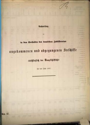 Nachweisung der in die Häfen des Preußischen Staates im Jahre ... eingegangenen in den Seehäfen des deutschen Zoll-Vereins angekommenen und abgegangenen See-Schiffe einschließlich der Dampfschiffahrt, 1867