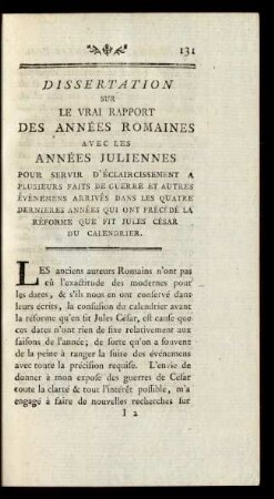Dissertation Sur Le Vrai Rapport des Années Romaines Avec Les Années Juliennes ...