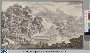 Bewaldete bergige Landschaft mit Bauern und Vieh an einem Fluss