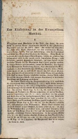 Kurzgefasstes exegetisches Handbuch zum Neuen Testament, 1,1. Kurze Erklärung des Evangeliums Matthäi