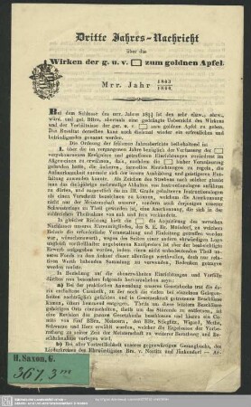 3.1843/44: Jahres-Nachricht über das Wirken der g. u. v. Loge Zum Goldnen Apfel