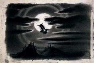 Faust und Mephisto fliegen auf Mephistos Mantel vor der Sonne. Entwurf: Robert Herlth (Reproduktion).