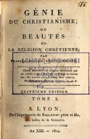Génie du christianisme, ou beautés de la religion chrétienne, 1