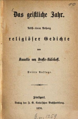 Das geistliche Jahr : Nebst einem Anhang religiöser Gedichte