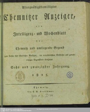 26.1825: Chemnitzer Anzeiger : Zeitschrift für Politik und Unterhaltung, städtische und ländliche Angelegenheiten