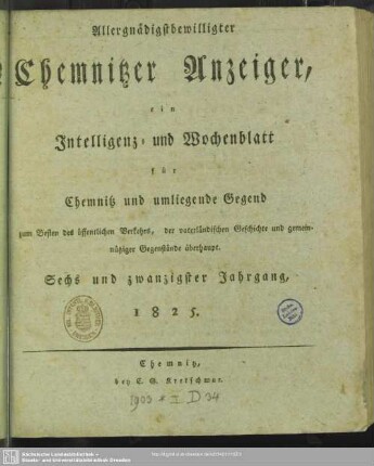 26.1825: Chemnitzer Anzeiger : Zeitschrift für Politik und Unterhaltung, städtische und ländliche Angelegenheiten