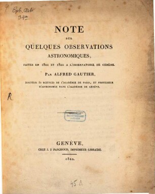 Note sur quelques observations astronomiques faites en 1821 et 1822 à l'Observatoire de Genève