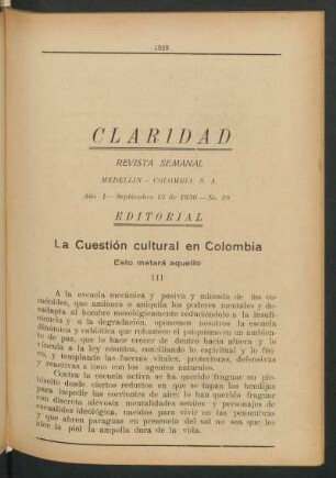 La cuestion cultural en Colombia - [Continuación] : Editorial