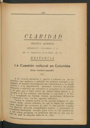 La cuestion cultural en Colombia - [Continuación] : Editorial