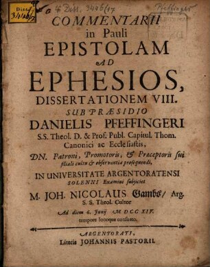 Commentarii in Pauli epistolam ad Ephesios, dissertationem VIII.