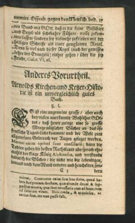 Anderes Vorurtheil. Arnolds Kirchen- und Ketzer-Historie ist ein unvergleichlich gutes Buch.