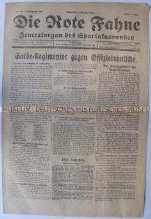 Tageszeitung des Spartakus-Bundes "Die Rote Fahne" u.a. zur Haltung des Militärs gegenüber der Revolutionsregierung