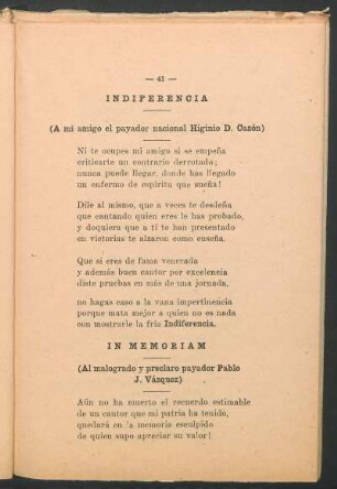 Indiferencia : (A mi amigo el payador nacional Higinio D. Cazón)