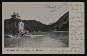 Ansichtskarte von Hofmannsthal an seinen Vater mit Ansicht der "Ochseninsel bei Fürberg am Obersee" (Metzgerinsel mit Bildstock Ochsenkreuz im Wolfgangsee)