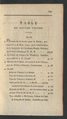 Table Du Sixième Volume