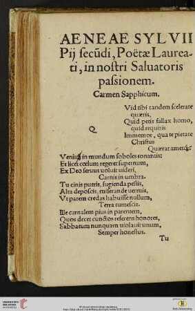 Aeneae Sylvii Pij secūdi, Poëtæ Laureati, in nostri Saluatoris passionem