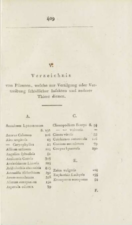 V. Verzeichnis von Pflanzen, welche zur Vertilgung oder Vertreibung schädlicher Insekten und anderer Thiere dienen.