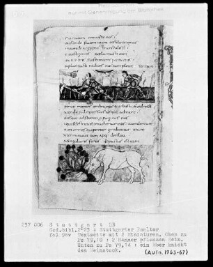 Der Stuttgarter Bibelpsalter — Textseite mit zwei Miniaturen, Folio 96verso