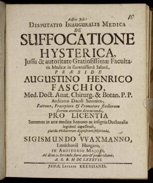 Disputatio Inauguralis Medica De Suffocatione Hysterica