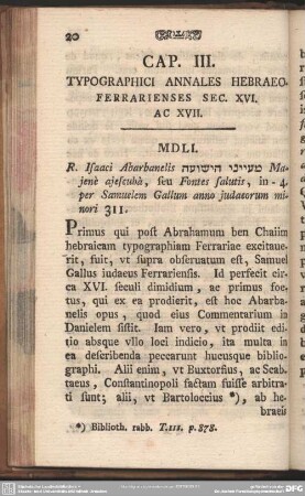 Cap. III. Typographici Annales Hebraeo- Ferrariensis Sec. XVI. Ac XVII.