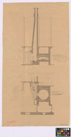 Deezbüll ([Landkreis Süd-Tondern]): [Hof Broder Bahnsen]. Feuerstätte (Grundriss, Querschnitt)