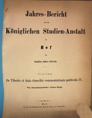 Jahresbericht über die Königliche Studienanstalt zu Hof : für das Schuljahr .... 1868/69