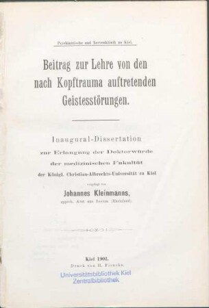 Beitrag zur Lehre von den nach Kopftrauma auftretenden Geistesstörungen