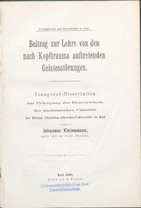 Beitrag zur Lehre von den nach Kopftrauma auftretenden Geistesstörungen