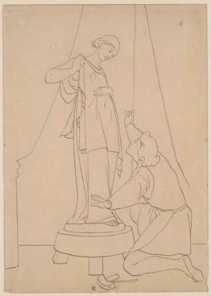 Pygmalion vor der Statue der Galathea kniend