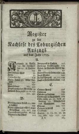 Register zu der nachlese des Coburgischen Auszugs auf das Jahr 1753.