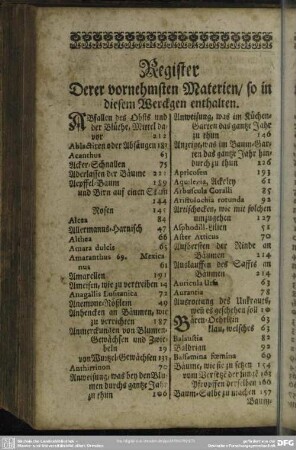 Register Derer vornehmsten Materien, so in diesem Werckgen enthalten