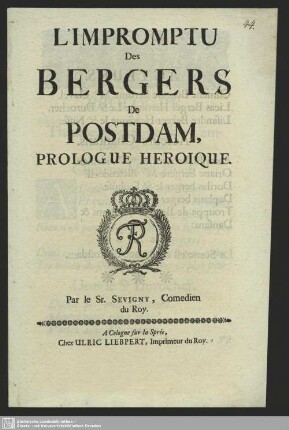 L' impromptu Des Bergers De Postdam, Prologue Heroique