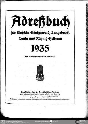 Adressbuch für Klotzsche-Königswald, Langebrück, Lausa und Rähnitz-Hellerau 1935