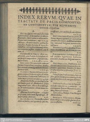 Index Rerum, Quae In Tractatu De Pacis Compositione Continentur, Per Alphabeti ordinem dispositus