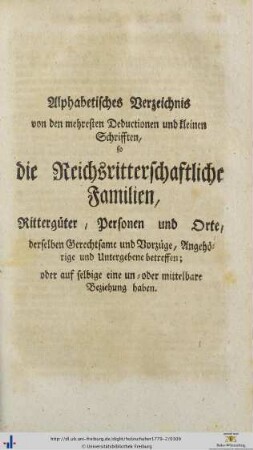 Alphabetisches Verzeichnis von den mehresten Deductionen, so die Reichsritterschaftliche Familien betreffen