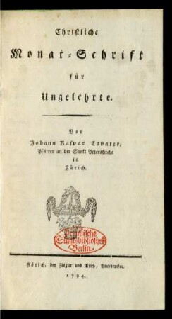 1794, [1]: Christliche Monat-Schrift für Ungelehrte