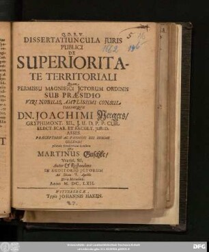 Dissertatiuncula Iuris Publici De Superioritate Territoriali
