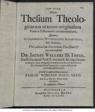 Hexas Thesium Theologicarum textum originalem Veteris Testamenti concernentium